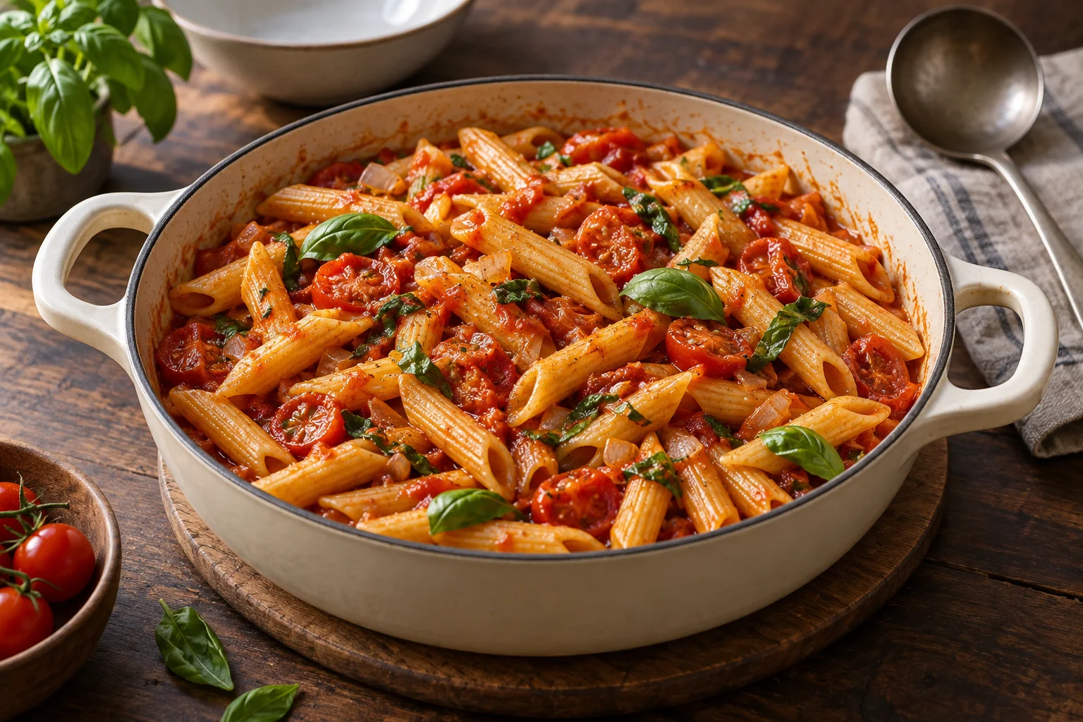 Penne mit Tomaten und Basilikum in einem breiten Kochtopf