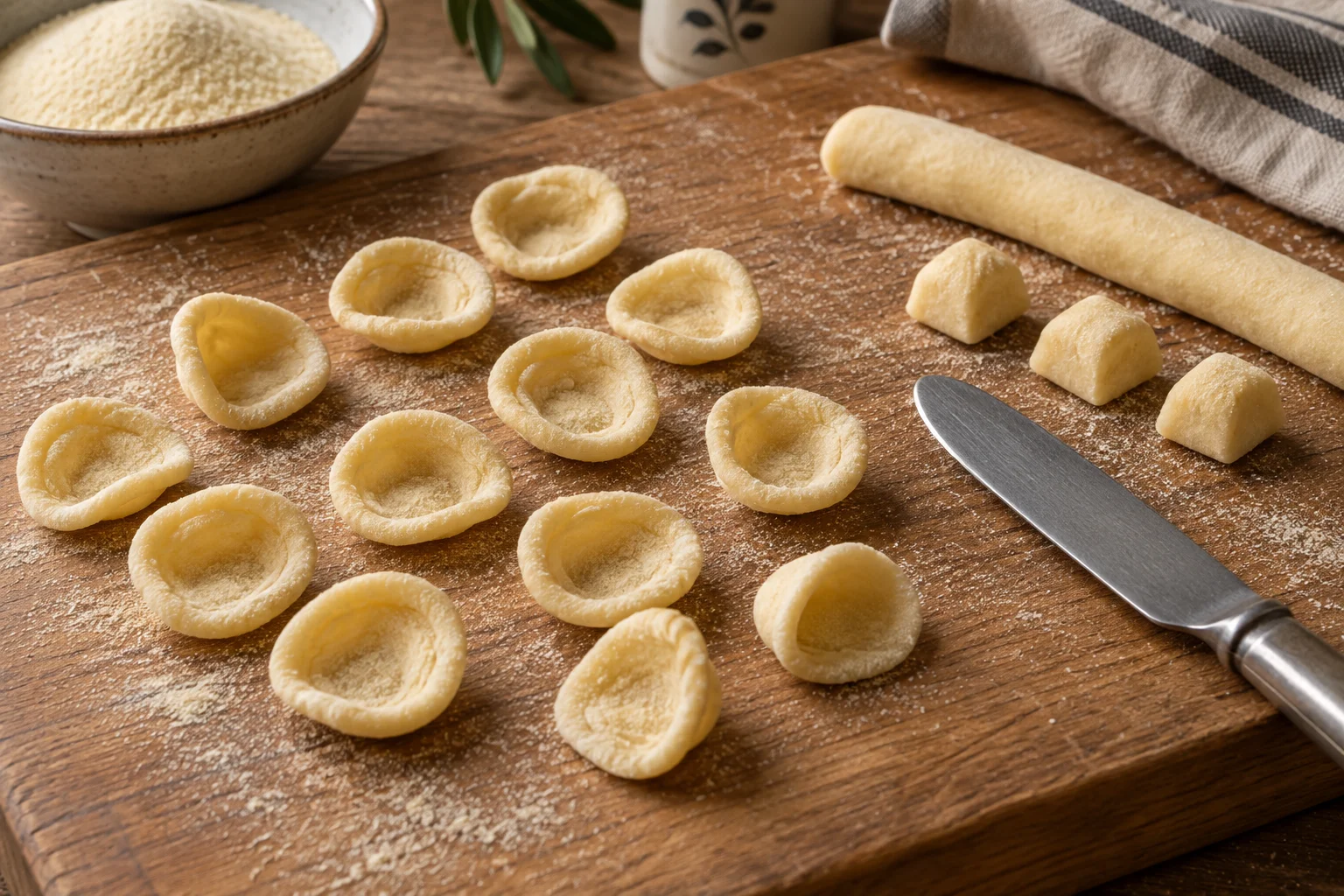 Rohe Orecchiette mit Teigstrang und stumpfem Tischmesser auf einem Holzbrett