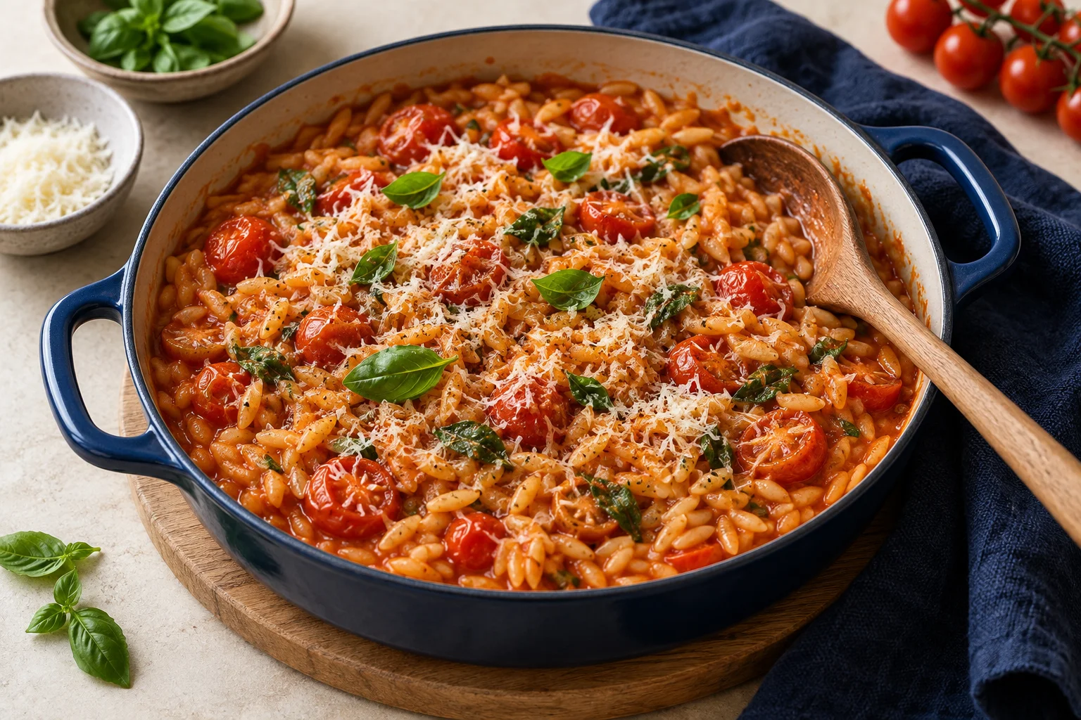 Orzo mit Kirschtomaten und Basilikum in einer flachen Pfanne