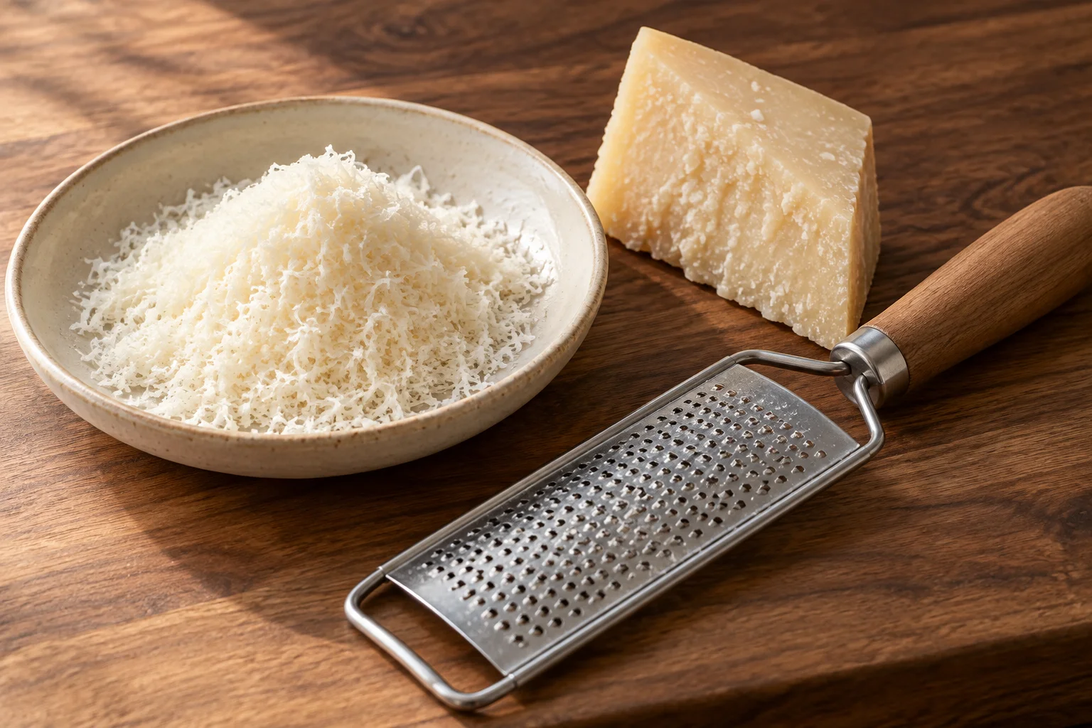 Fein geriebener Hartkäse neben einem Käsekeil und einer Handreibe