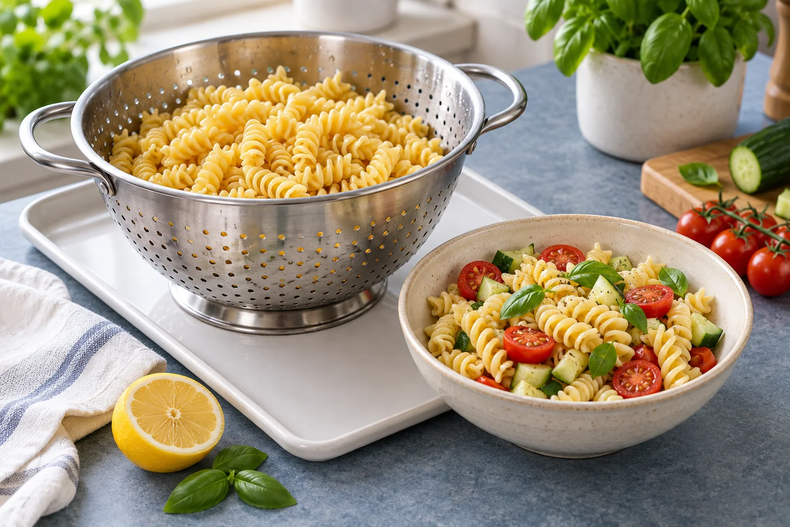 Abgetropfte Fusilli in einem Sieb neben Zutaten für Nudelsalat