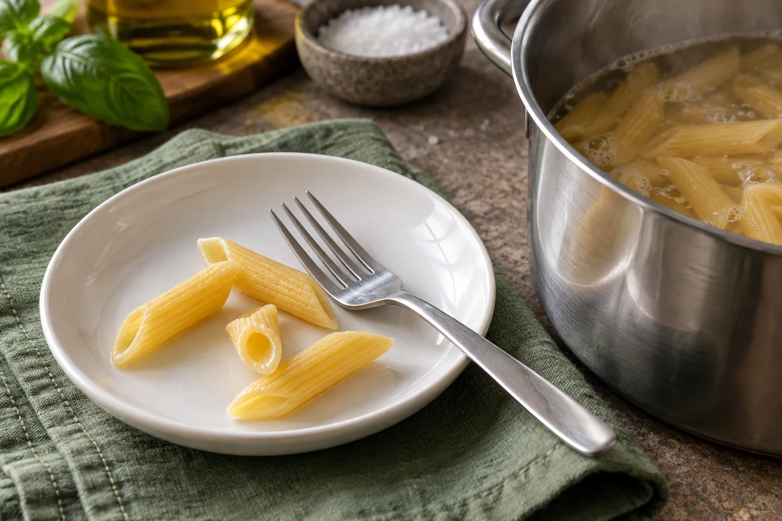 Gekochte Penne zum Probieren neben einem Pastatopf
