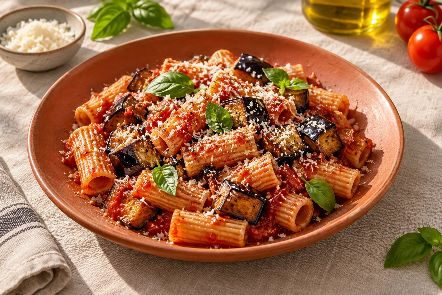 Rigatoni mit Tomatensauce, gerösteten Auberginenwürfeln, geriebener Ricotta salata und Basilikum