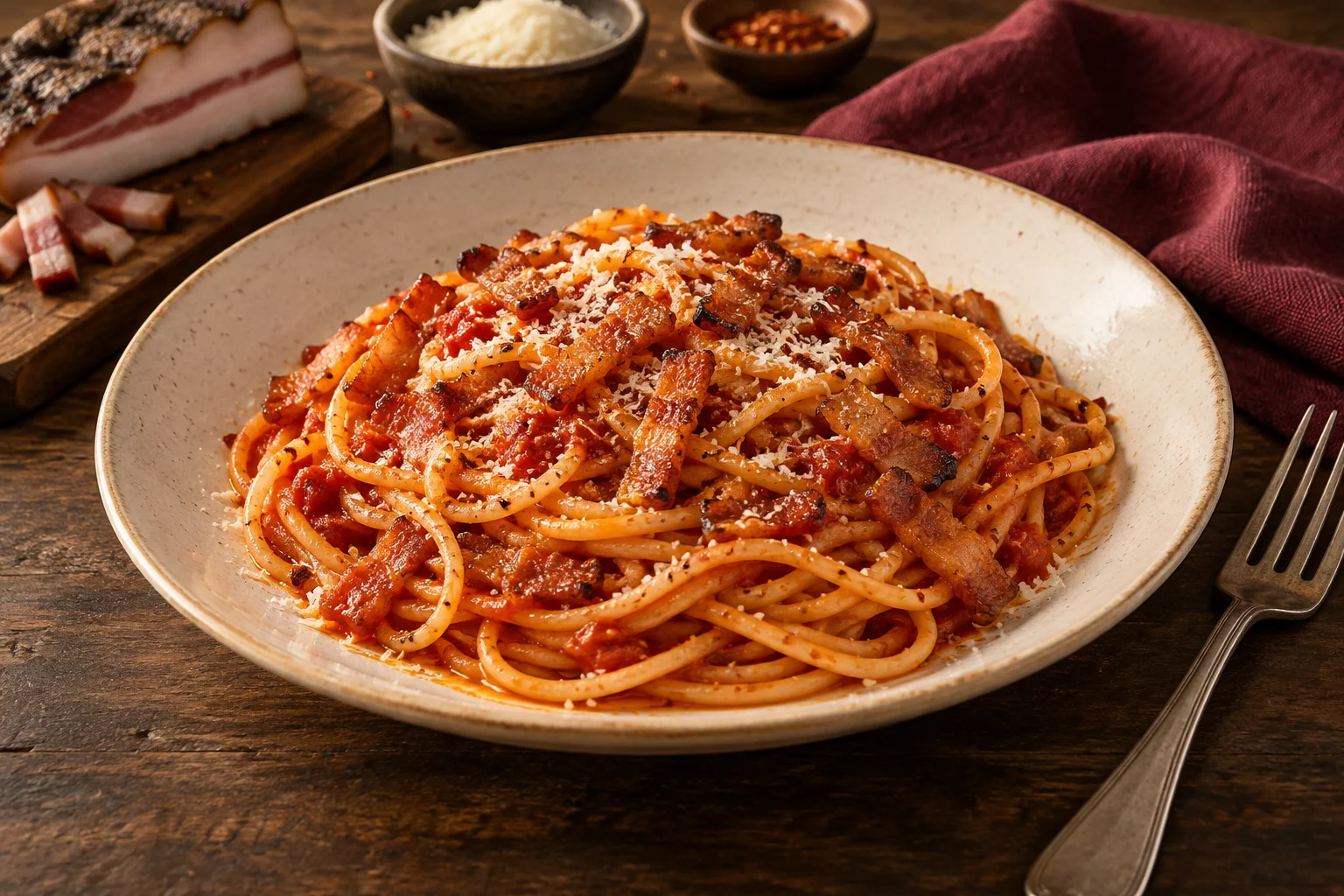 Spaghetti mit roter Tomatensauce, gebräunten Guancialestreifen und fein geriebenem Pecorino
