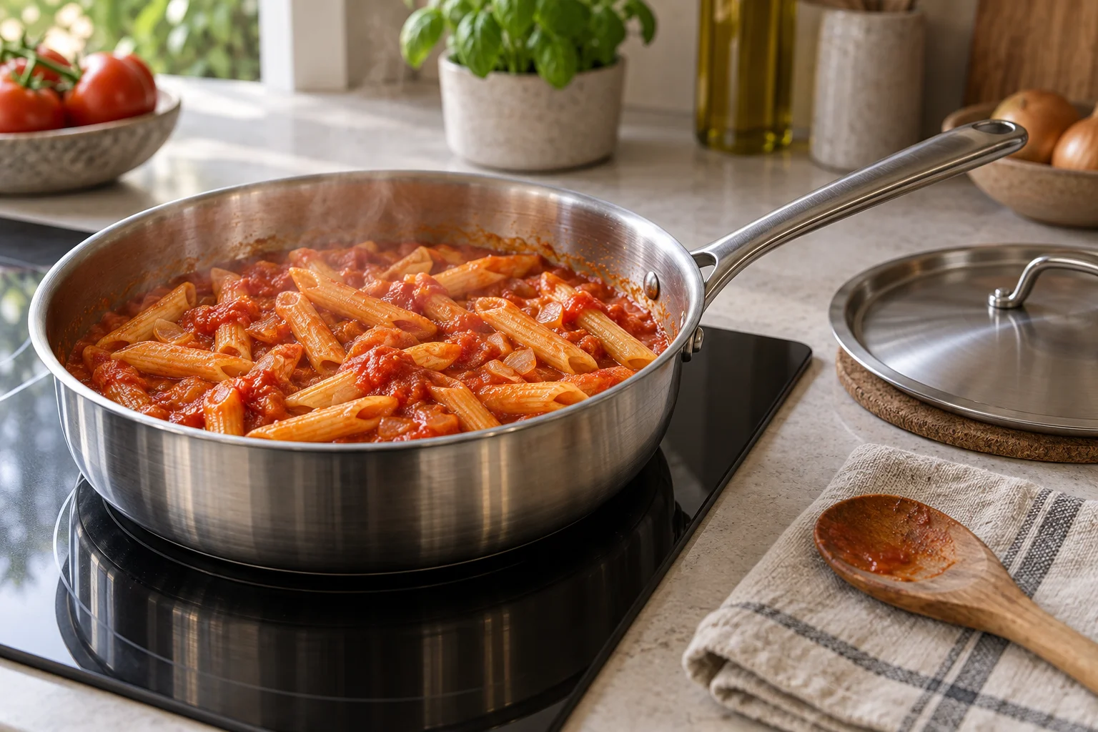 Tomaten-Penne in einer Pfanne neben einem Deckel und einem Holzlöffel