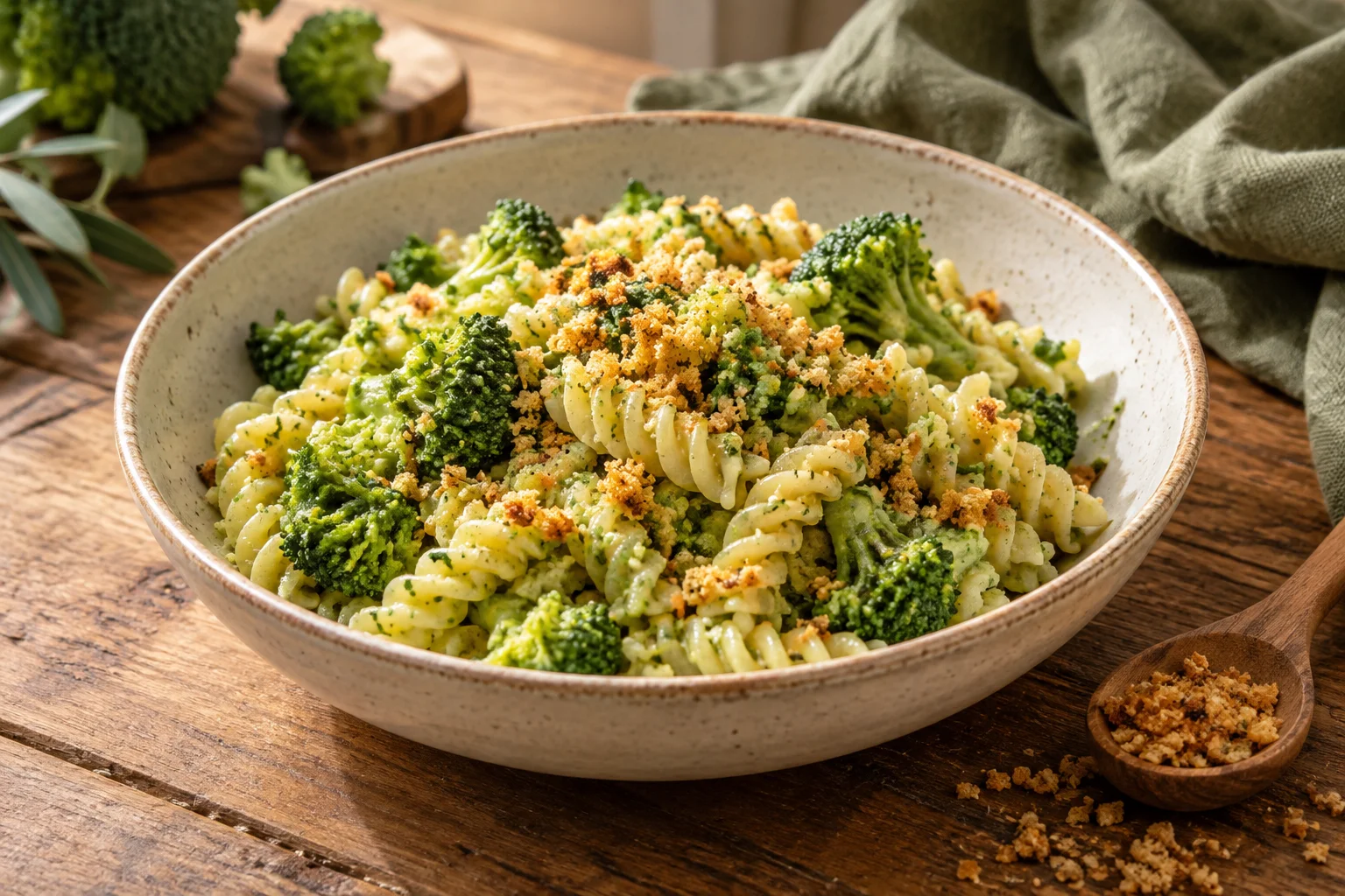 Fusilli mit Brokkoli und goldbraunen gerösteten Bröseln in einer hellen Schale