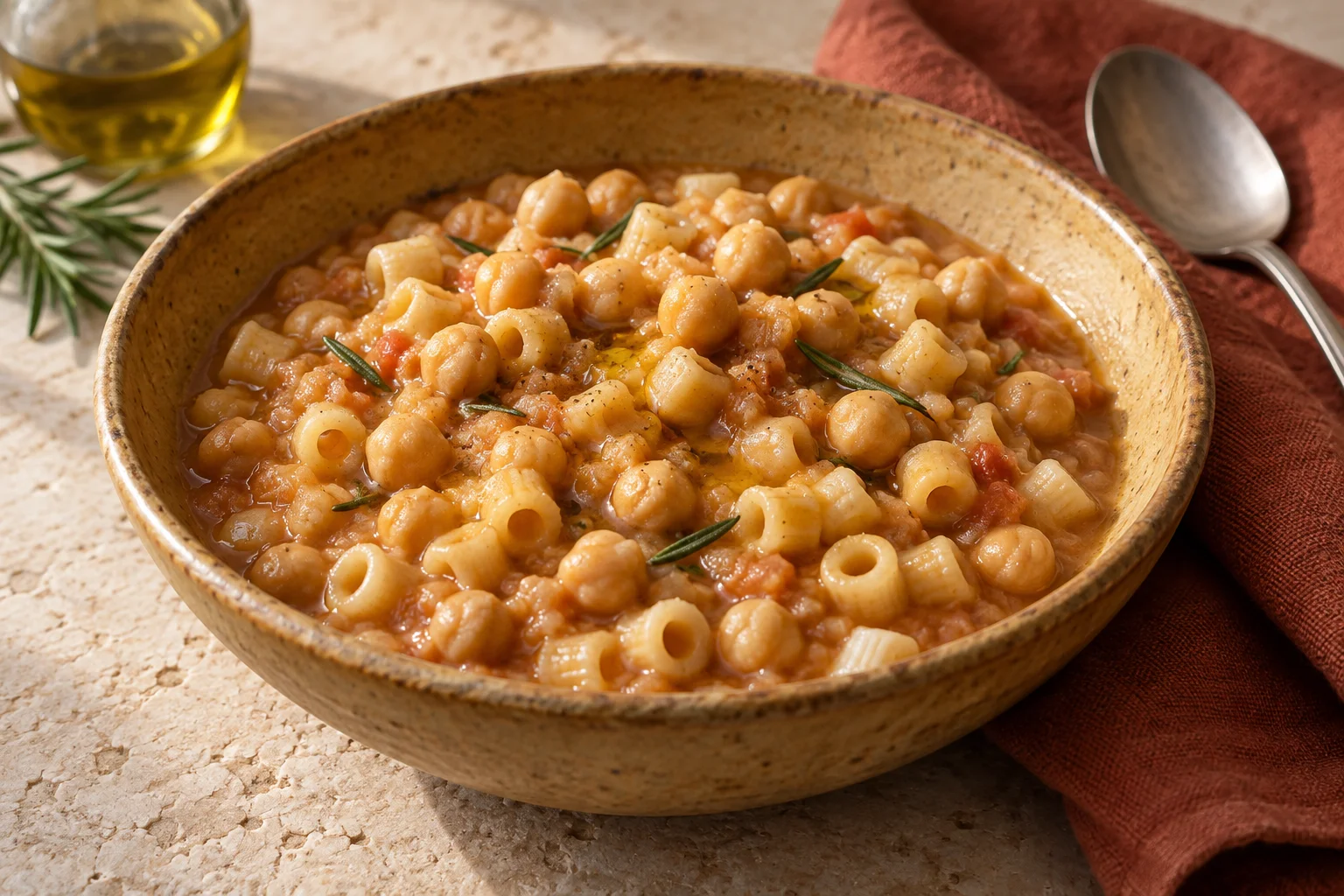 Ditalini und Kichererbsen in sämiger Sauce mit Rosmarin