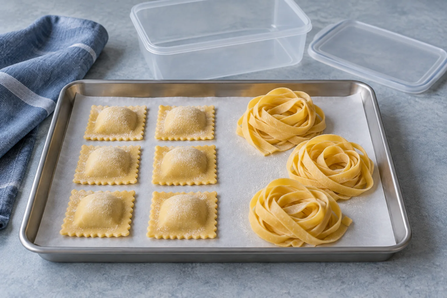 Ungekochte Ravioli und lockere Bandnudeln getrennt auf einem kleinen Blech