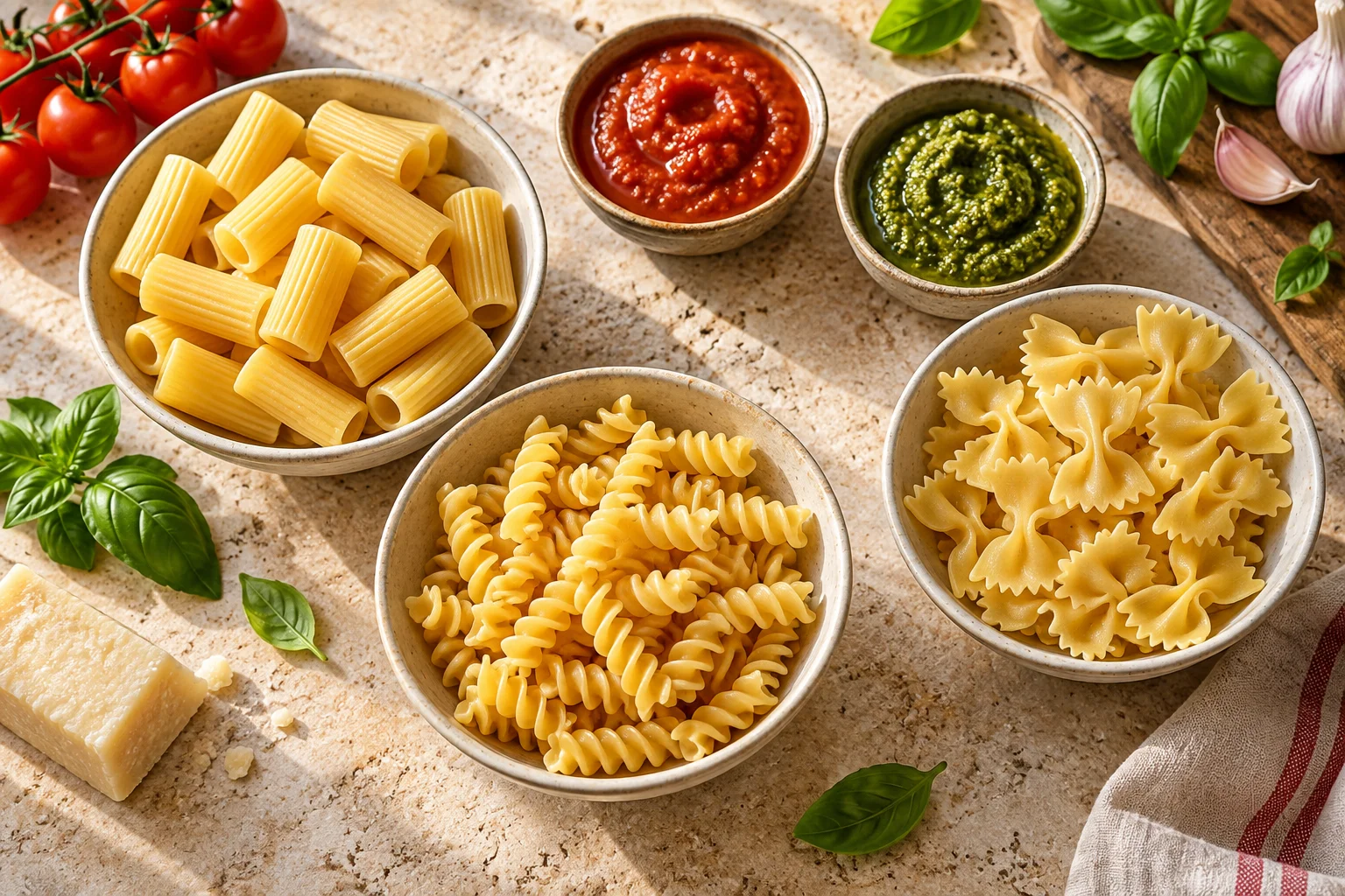 Rigatoni, Fusilli und Farfalle neben Tomatensauce und grünem Pesto