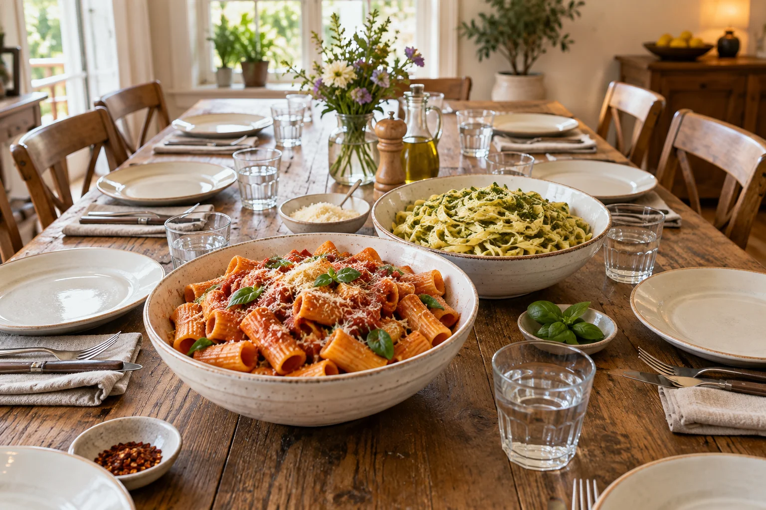 Für acht Personen gedeckter Tisch mit zwei großen Pastaschüsseln