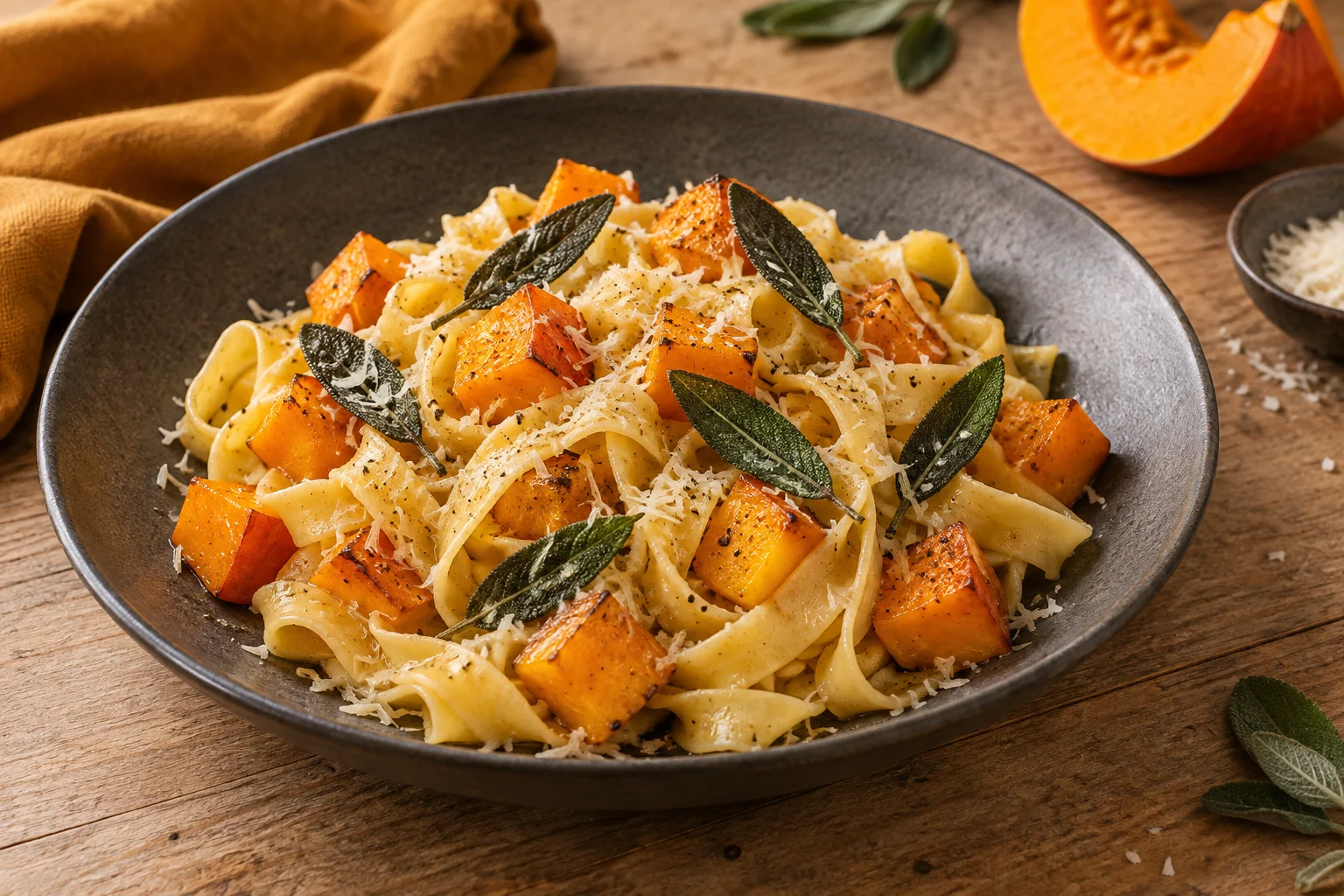 Tagliatelle mit geröstetem Kürbis, Salbeiblättern und geriebenem Käse.