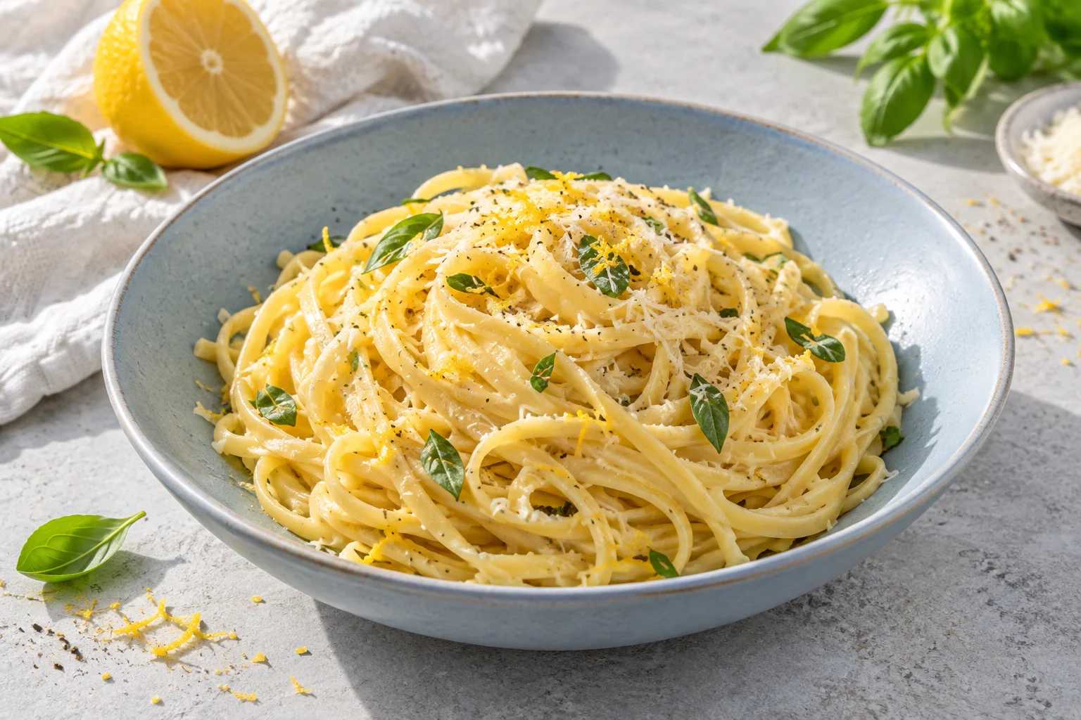 Linguine mit heller Zitronenbuttersauce und feinem Zitronenabrieb in einer blauen Schale