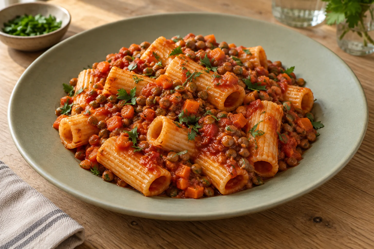 Rigatoni mit Tomaten-Linsen-Sauce und gehackter Petersilie
