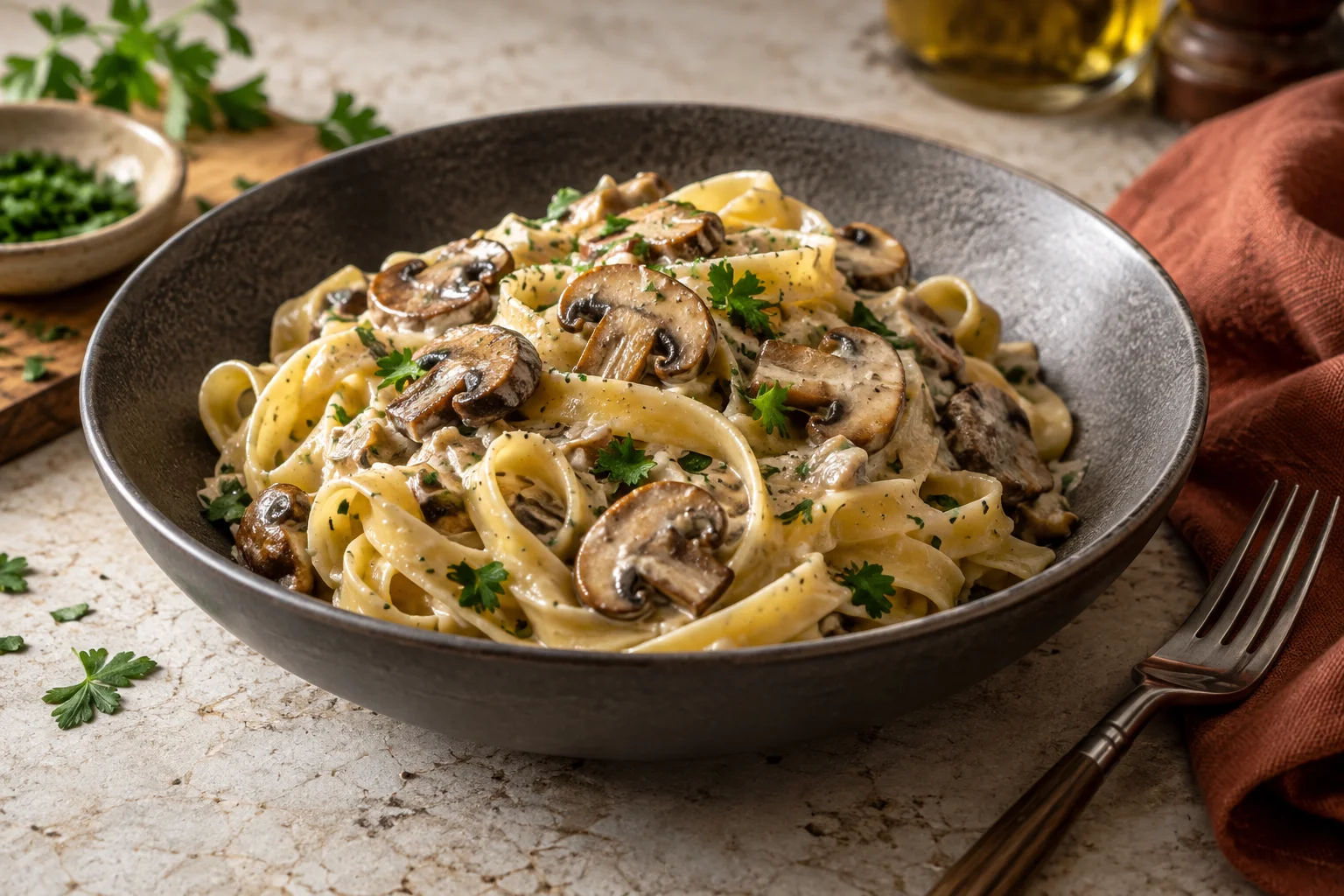 Tagliatelle mit gebräunten Champignons, heller Rahmsauce und Petersilie