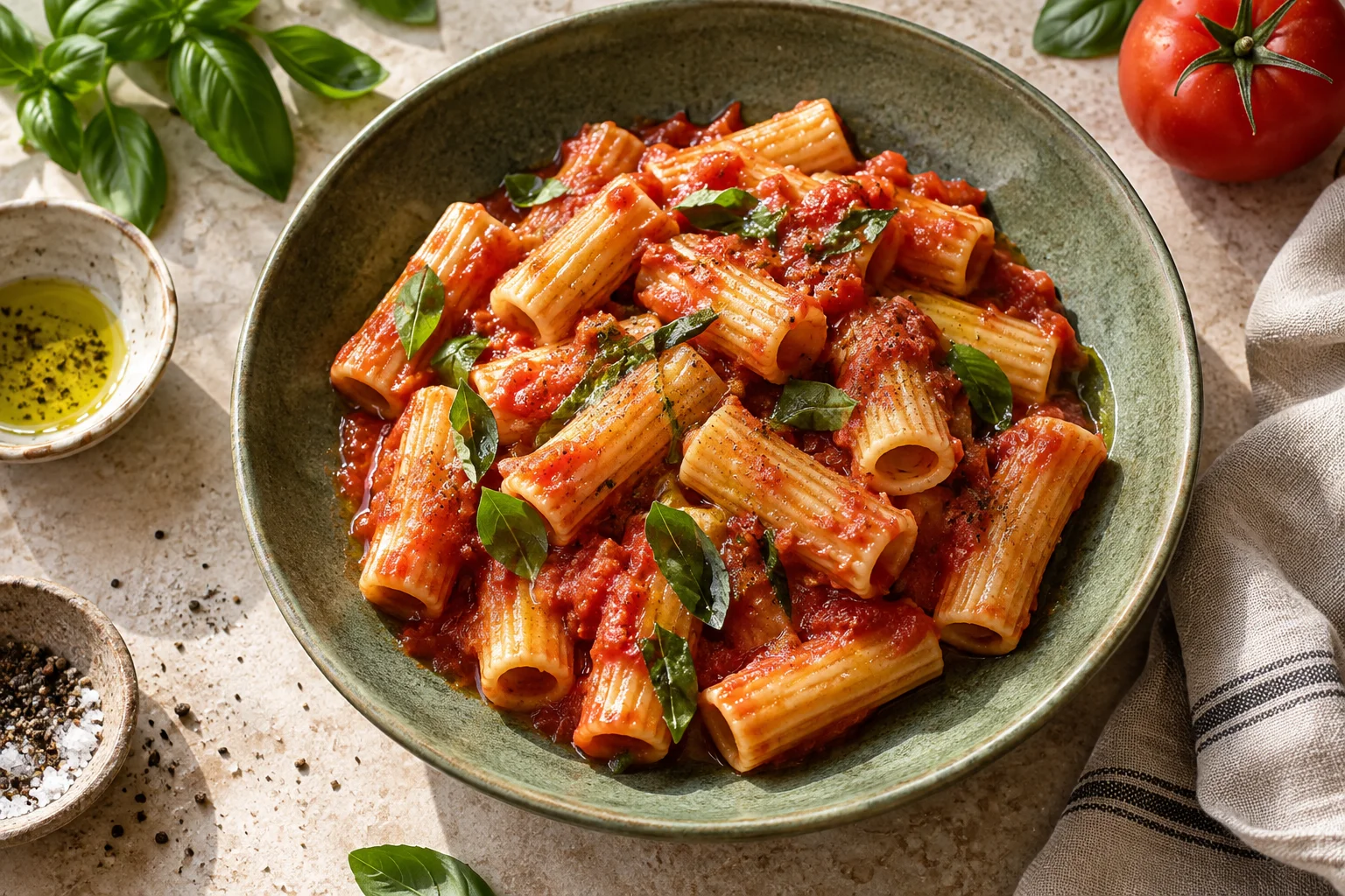 Rigatoni mit Tomatensauce und frischem Basilikum