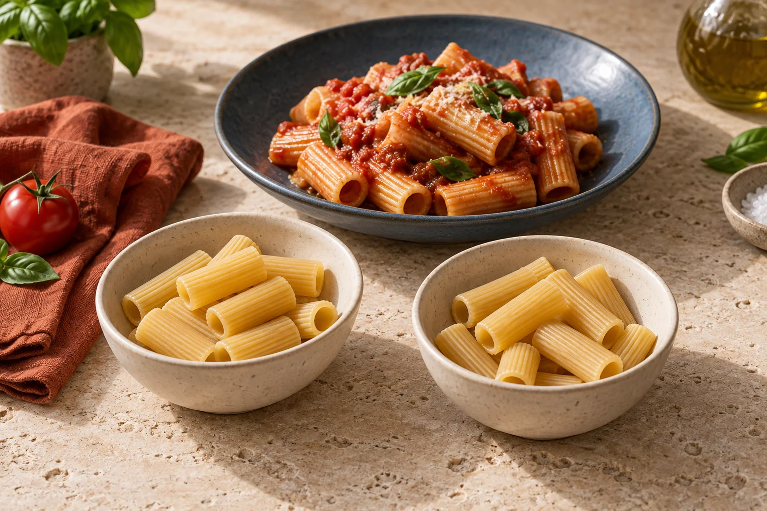 Trockene Rigatoni in zwei kleinen Schalen neben einer Portion Tomatenpasta