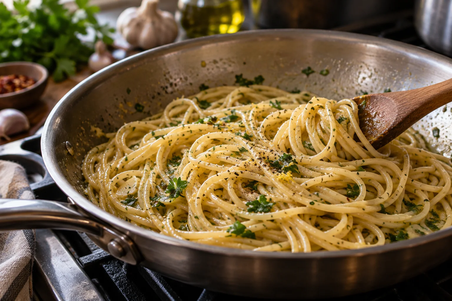Spaghetti mit glänzender Sauce in einer Pfanne
