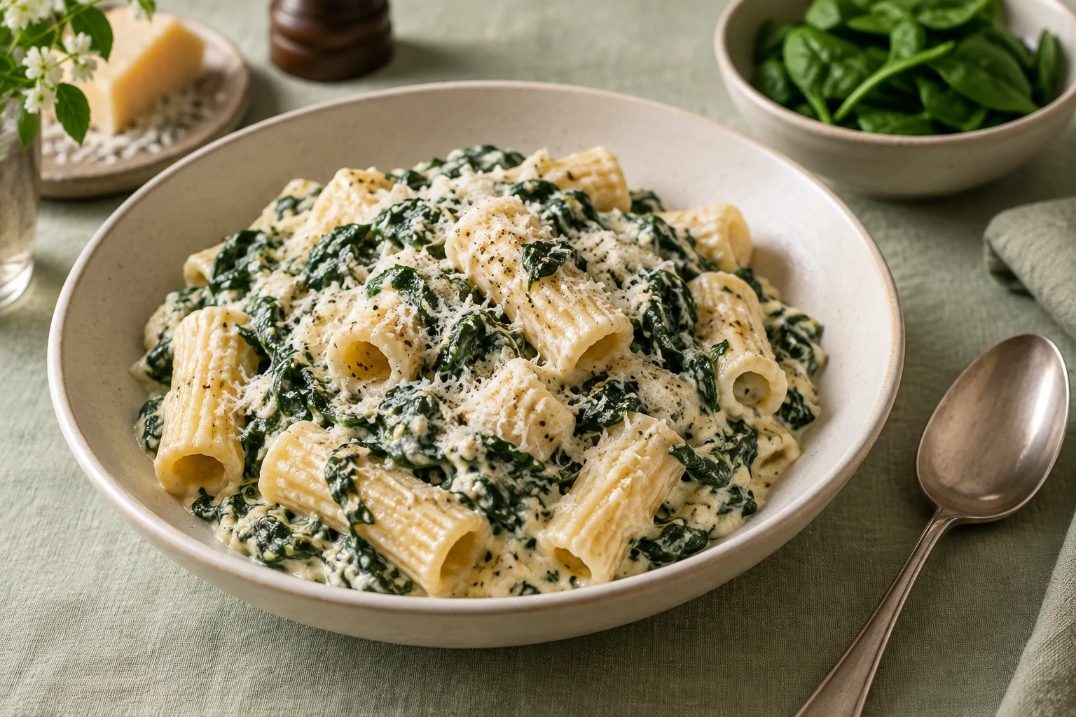 Rigatoni mit cremigem Ricotta, gehacktem Spinat und fein geriebenem Käse.