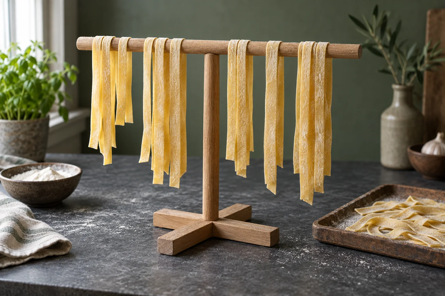 Frische Bandnudeln mit Abstand auf einem hölzernen Pastaständer
