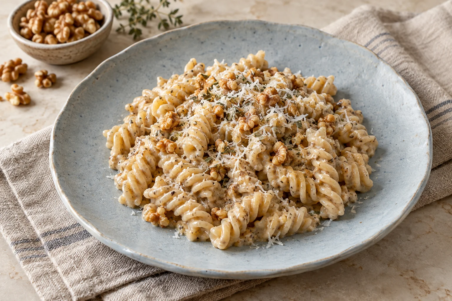 Fusilli mit heller Walnusssauce und fein gehackten Walnussstücken.
