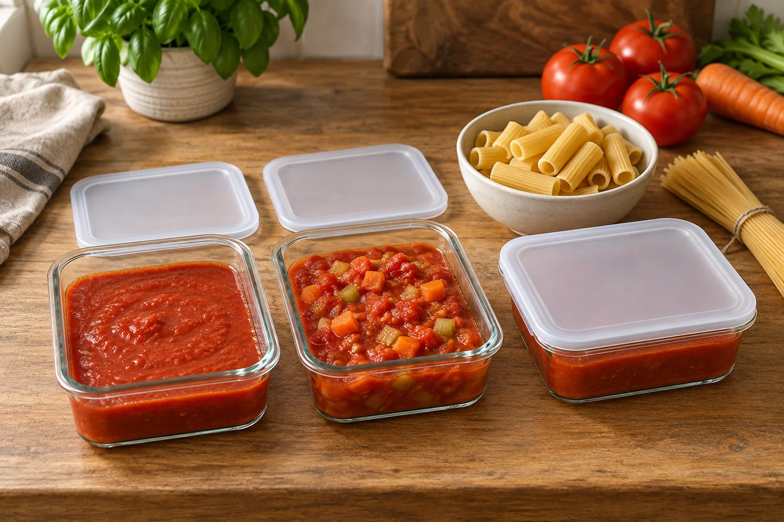 Trockene Pasta und portionierte Tomaten- und Gemüsesaucen in flachen Vorratsbehältern
