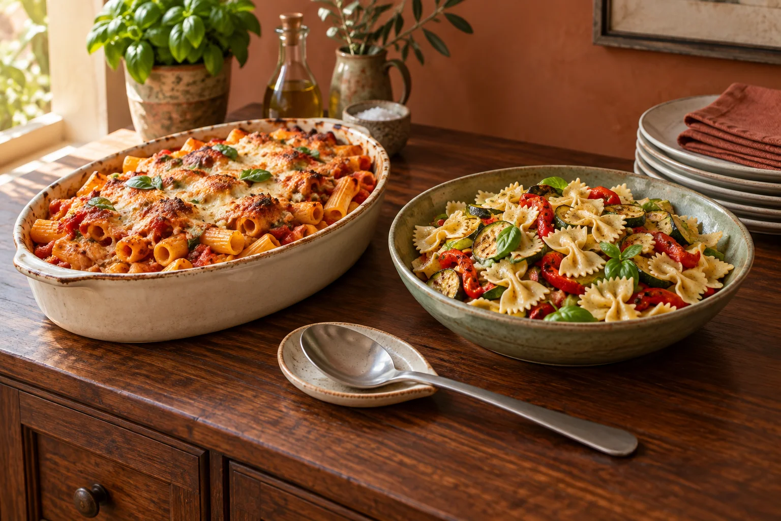 Überbackene Rigatoni und Farfalle mit Gemüse in zwei getrennten Servierschalen