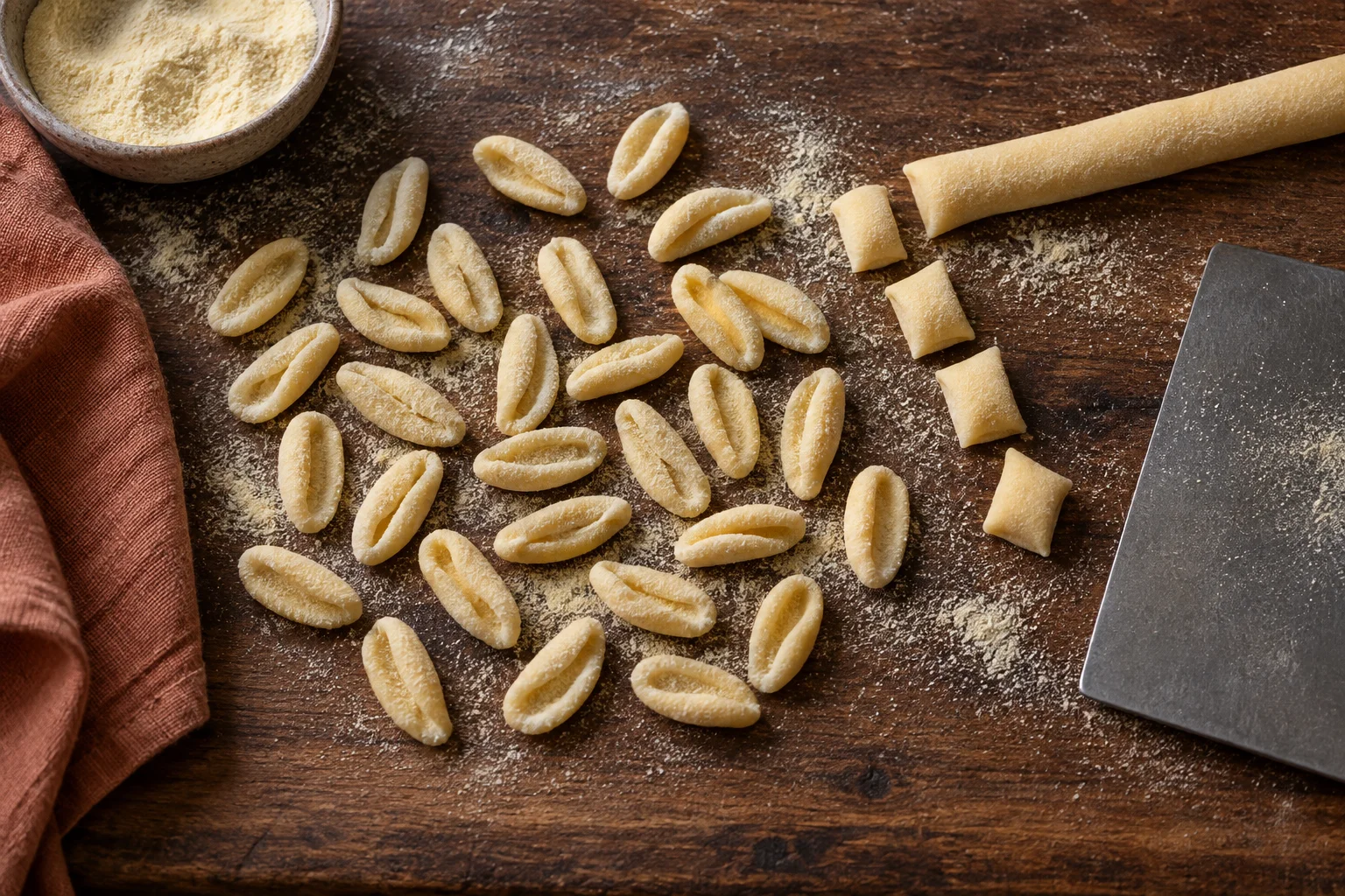 Frisch geformte Cavatelli und kleine Teigstücke für Pasta ohne Ei