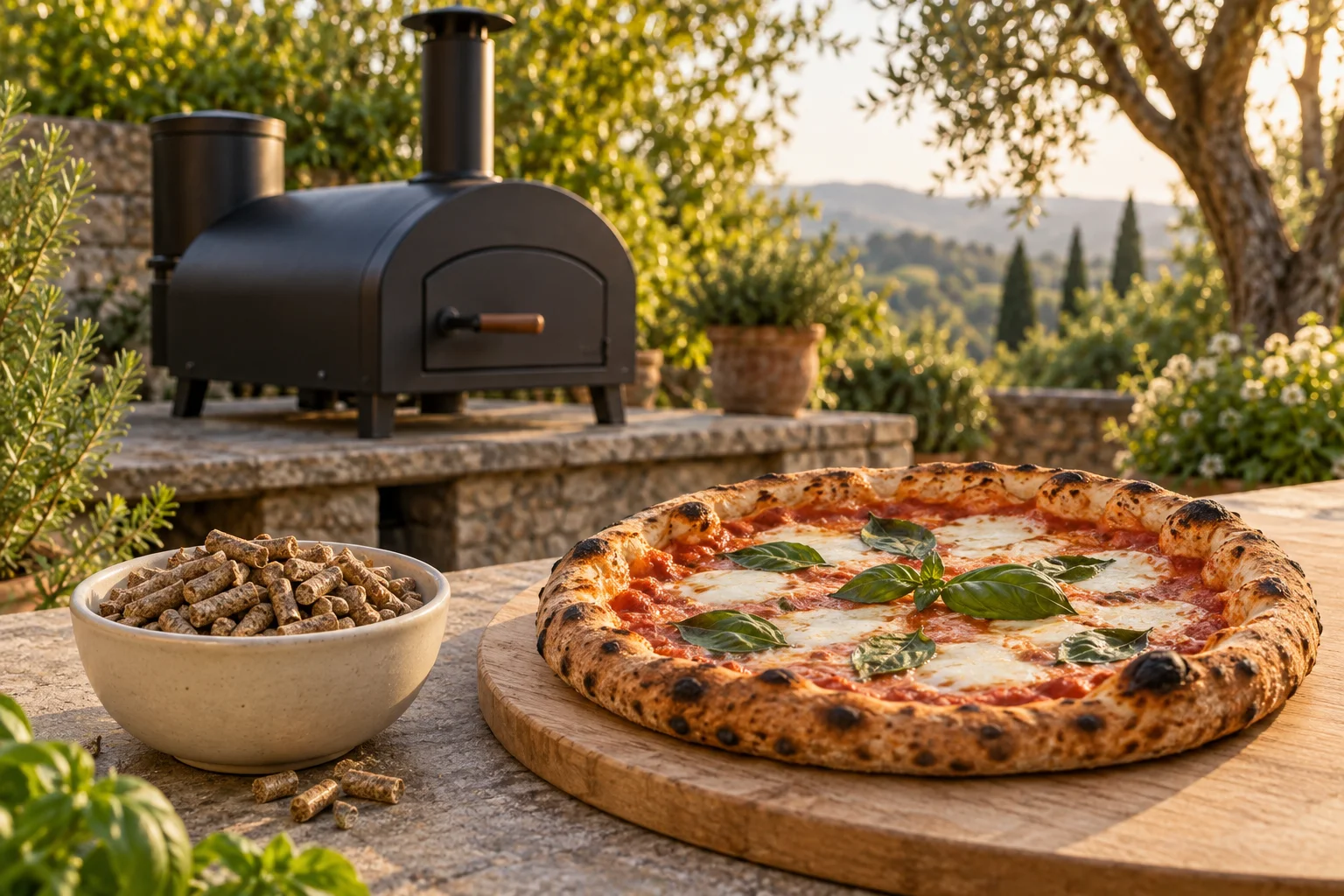 Pizza und eine Schale Holzpellets vor einem geschlossenen Pellet-Pizzaofen im Garten
