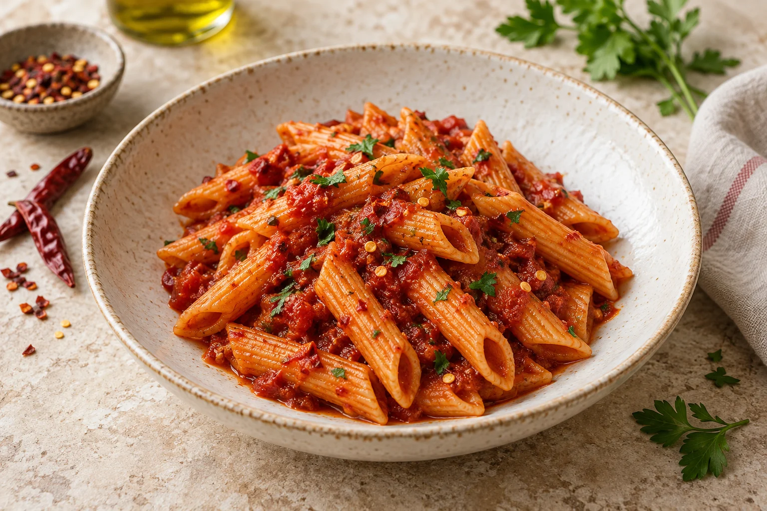 Penne rigate in roter Tomaten-Chili-Sauce mit etwas gehackter Petersilie in einer hellen Schale