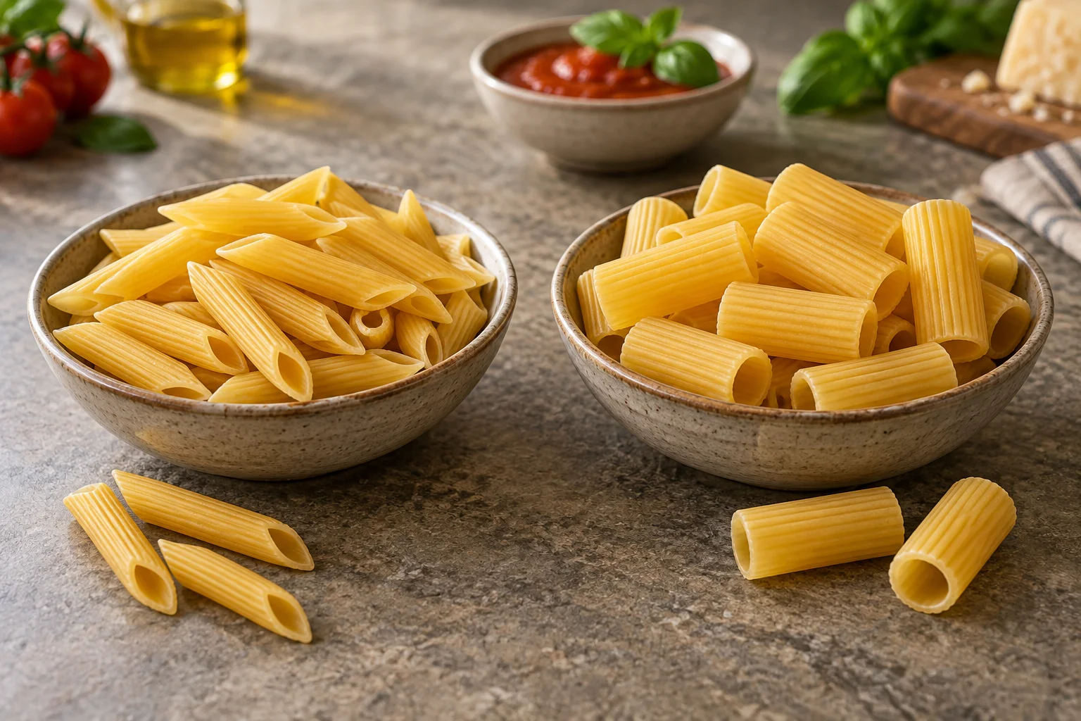 Schräg geschnittene Penne und breitere Rigatoni in zwei Schalen