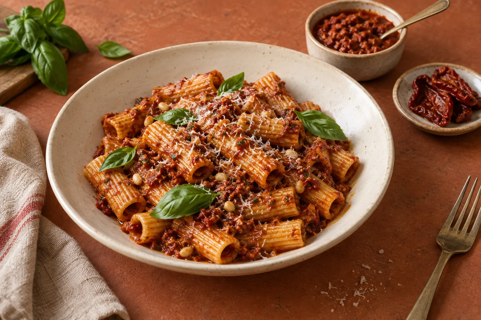 Rigatoni mit rotem Tomatenpesto, Basilikum und fein geriebenem Käse.