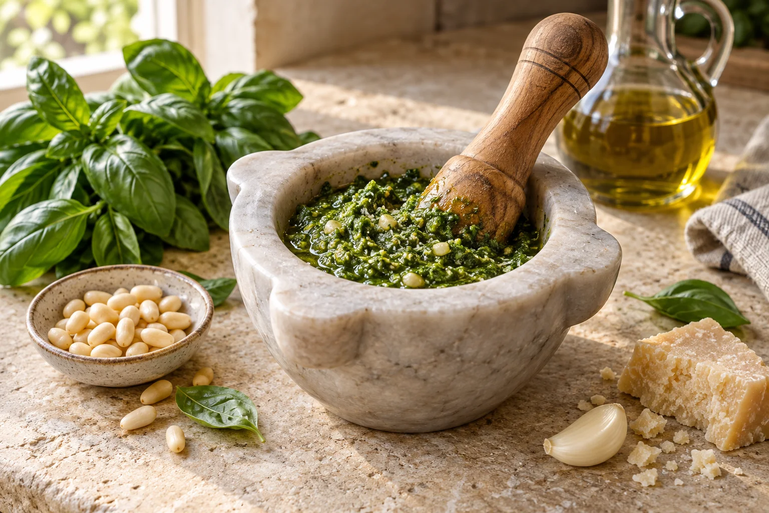 Basilikumpesto im Marmormörser neben Pinienkernen, Knoblauch und Hartkäse