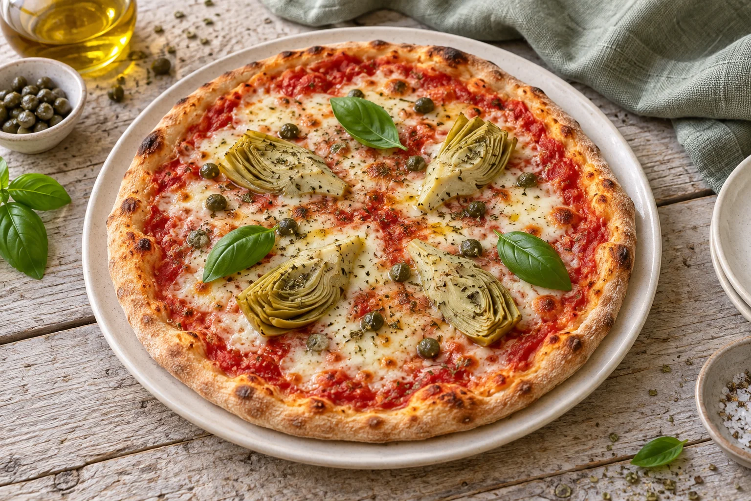 Pizza mit geviertelten Artischockenherzen, kleinen Kapern, Mozzarella und Basilikum