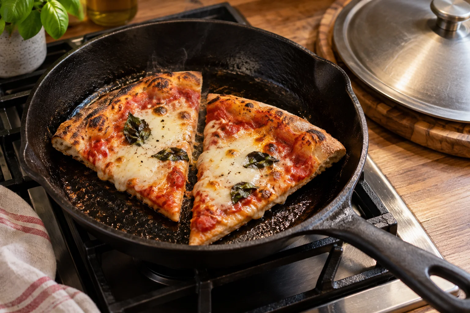 Zwei Pizzastücke werden in einer gusseisernen Pfanne aufgewärmt
