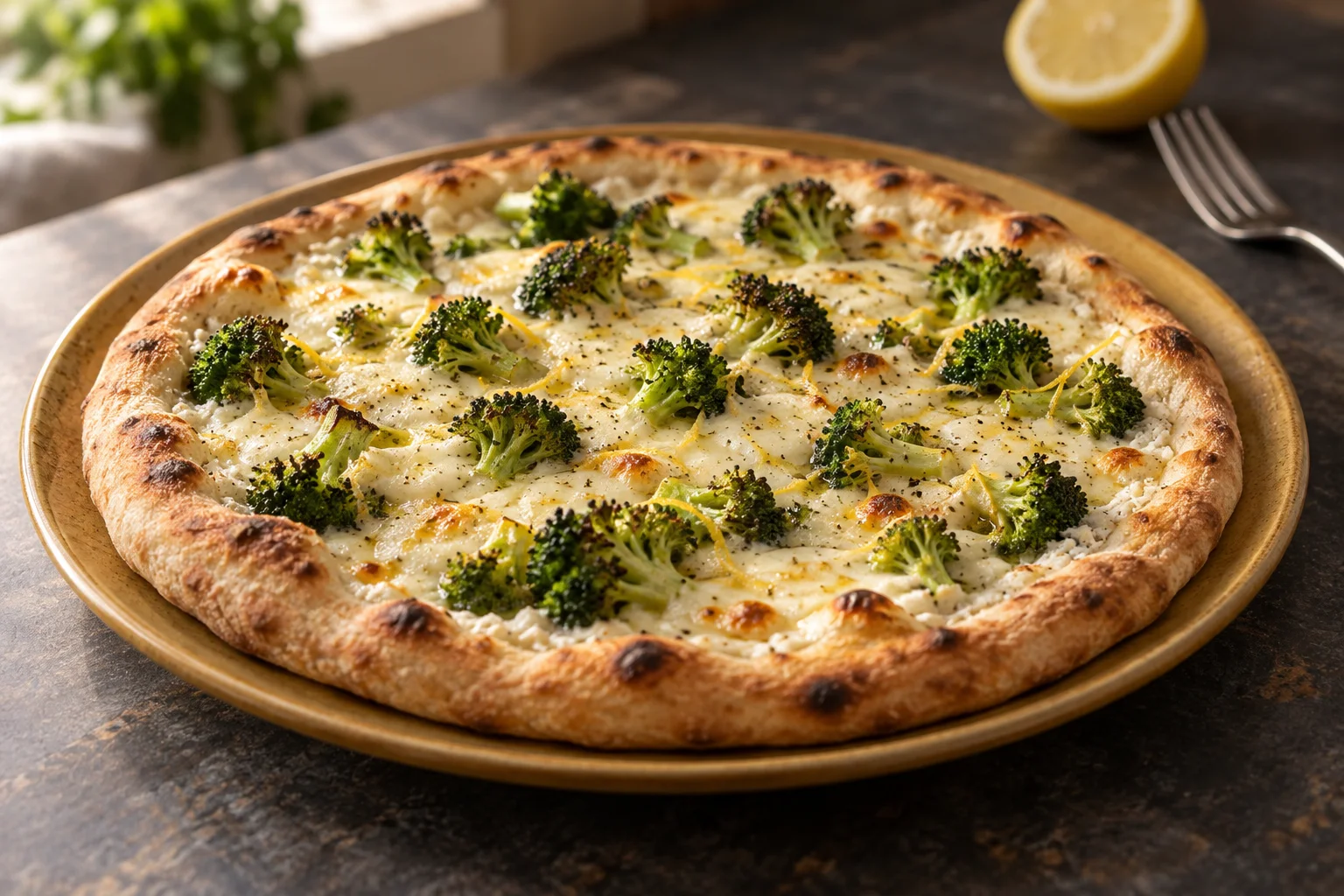 Weiße Pizza mit kleinen Brokkoliröschen, Mozzarella und feinem Zitronenabrieb