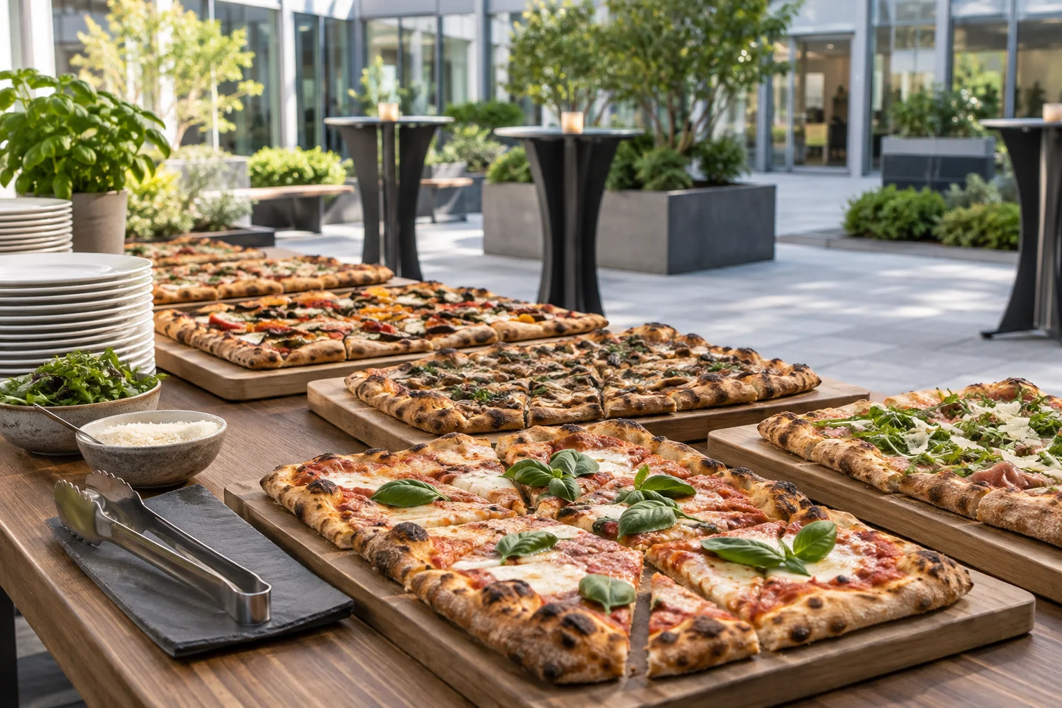 Pizzabuffet mit Tellern und Stehtischen in einem Büroinnenhof