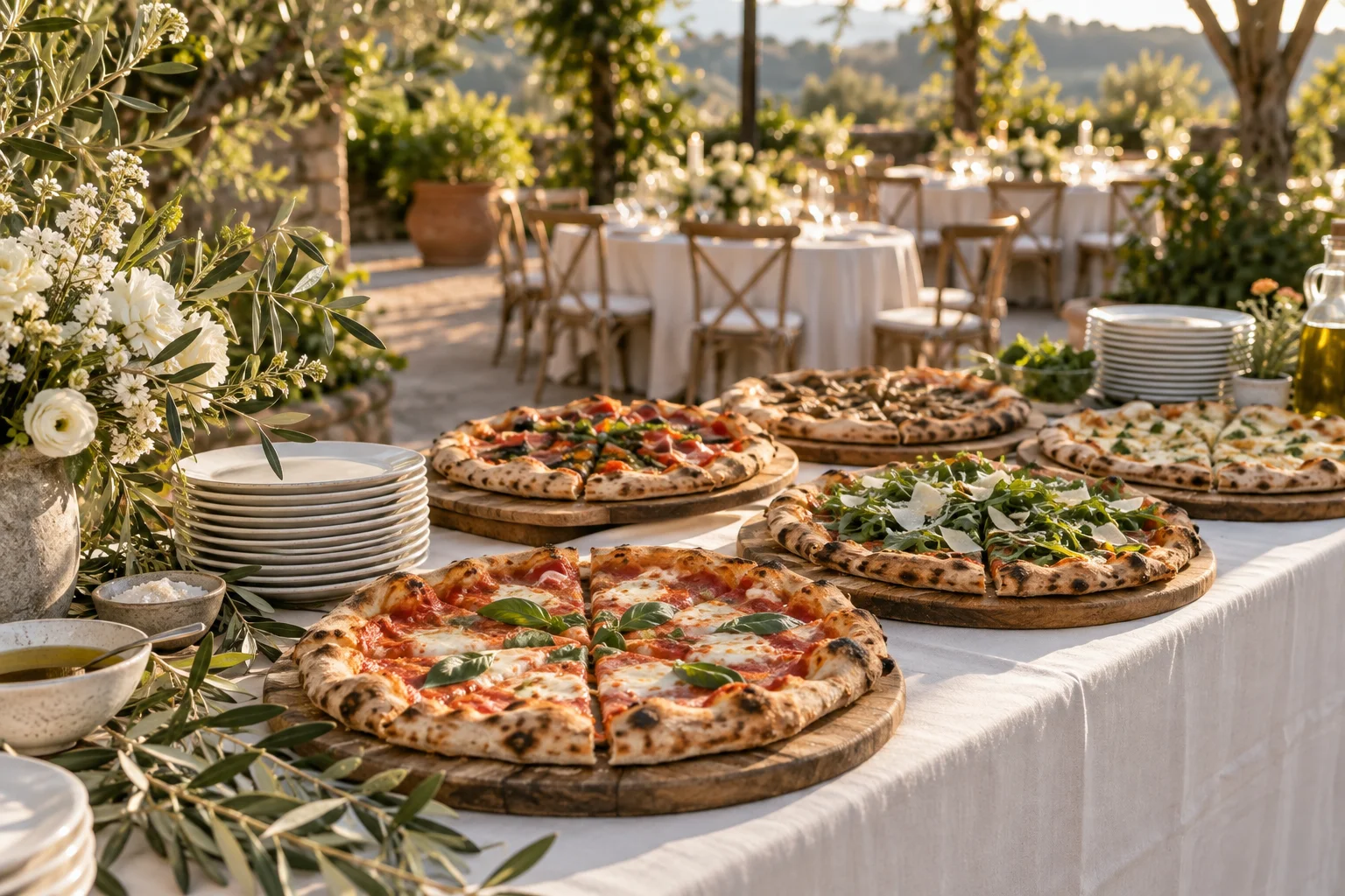 Pizzabuffet mit weißen Blumen und Leinentischdecke in einem Garten