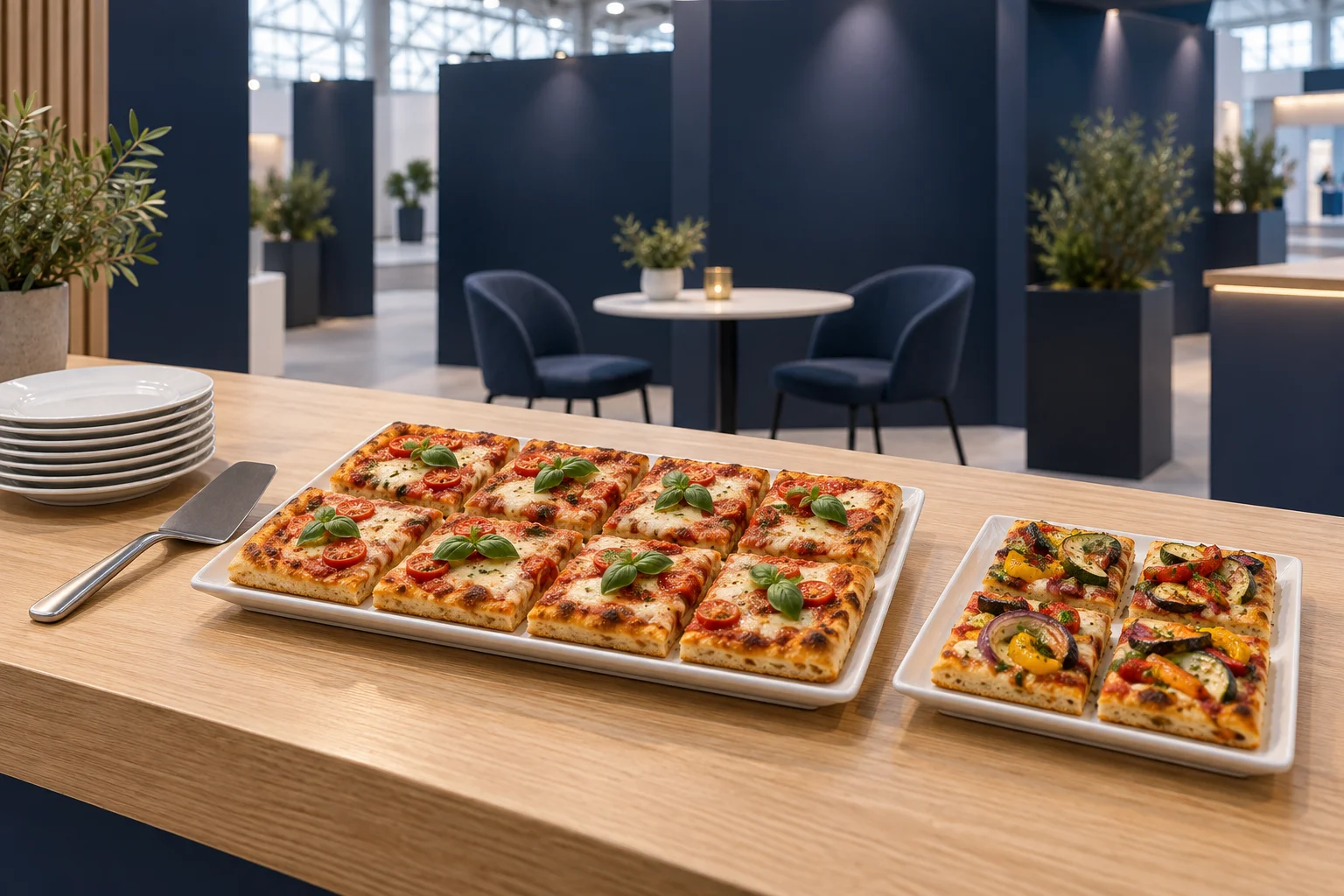 Pizzastücke auf zwei weißen Platten an einem allgemeinen Messestand