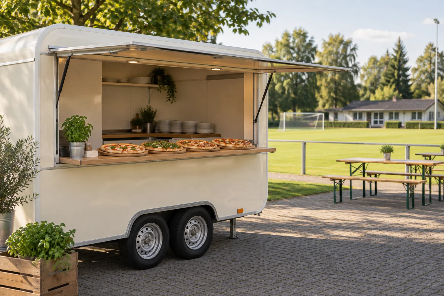 Heller Cateringanhänger mit Pizzen an der Ausgabe neben einem allgemeinen Sportplatz