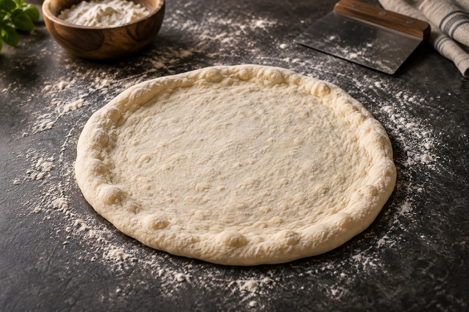 Von Hand geöffneter roher Pizzaboden mit gleichmäßiger Mitte und leicht erhöhtem Rand auf einer bemehlten Fläche