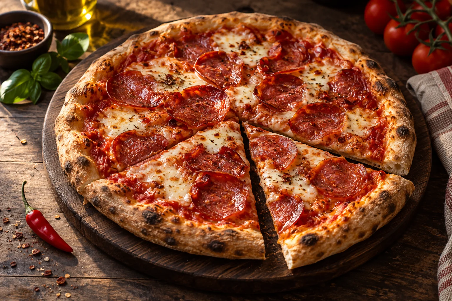 Pizza Diavola mit scharfer Salami und Mozzarella, ein Stück ist leicht herausgezogen