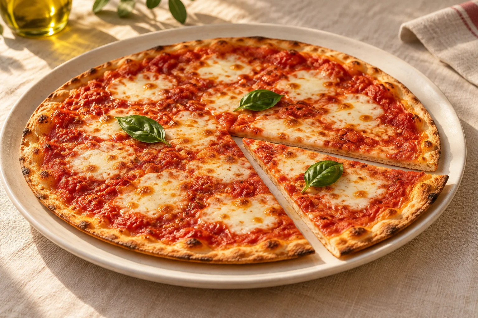 Dünne Pizza mit Tomate und Mozzarella, deren angeschnittenes Stück den flachen gebackenen Boden zeigt