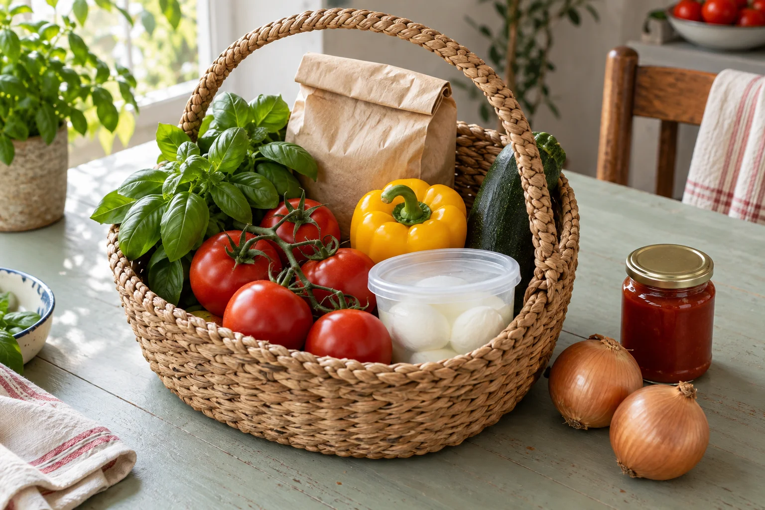 Einkaufskorb mit Gemüse, Basilikum, einem Papierbeutel und Mozzarella neben Sauce und Zwiebeln