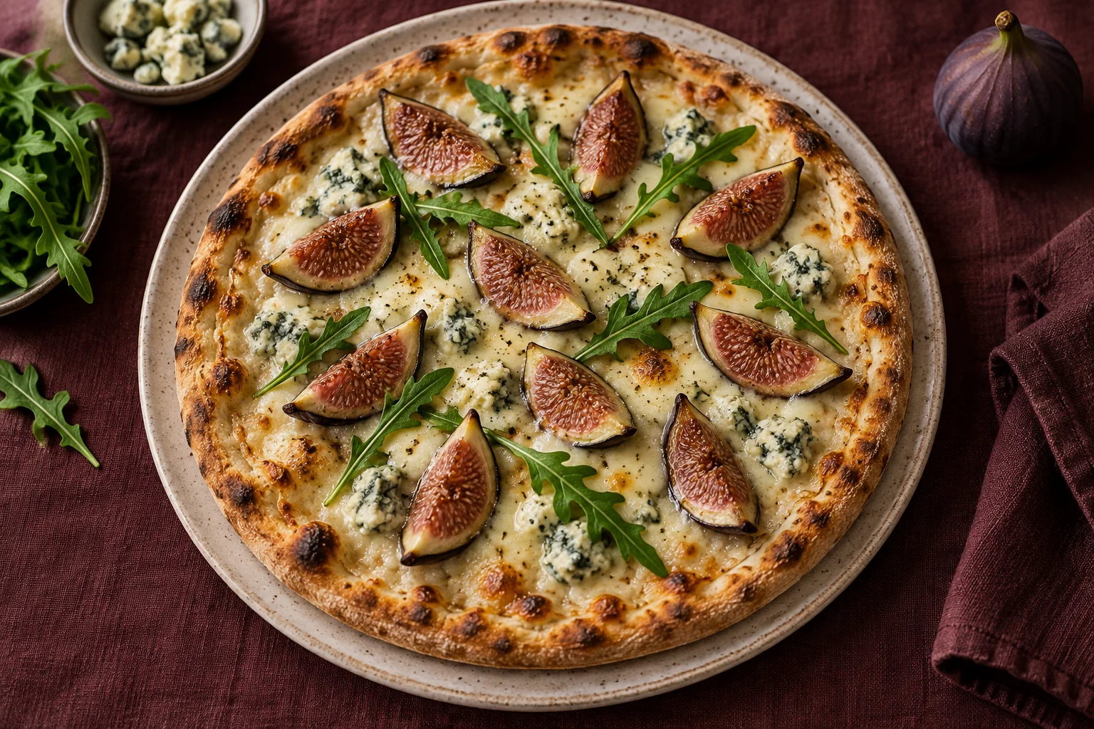 Pizza mit frischen Feigenspalten, Gorgonzola, Mozzarella und wenigen Rucolablättern