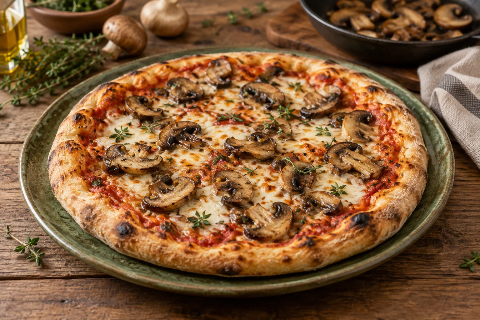 Pizza mit gebratenen Champignons, Tomate, Mozzarella und etwas Thymian