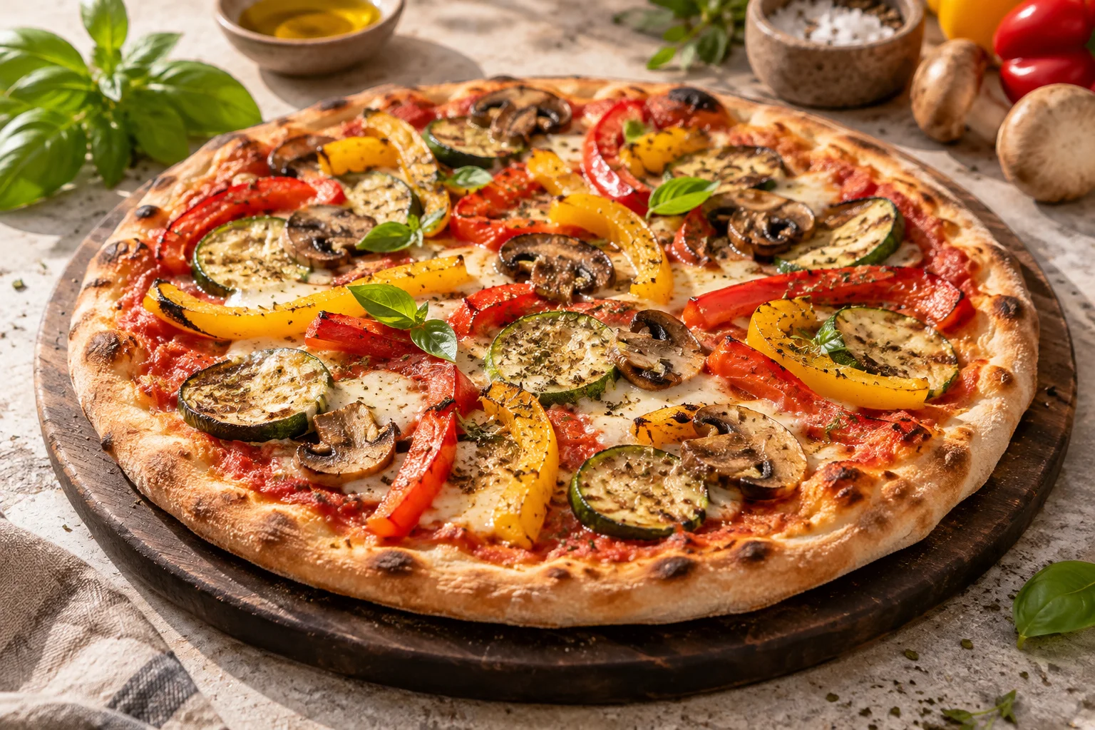 Gemüsepizza mit gerösteten Paprikastreifen, Zucchini und Pilzen