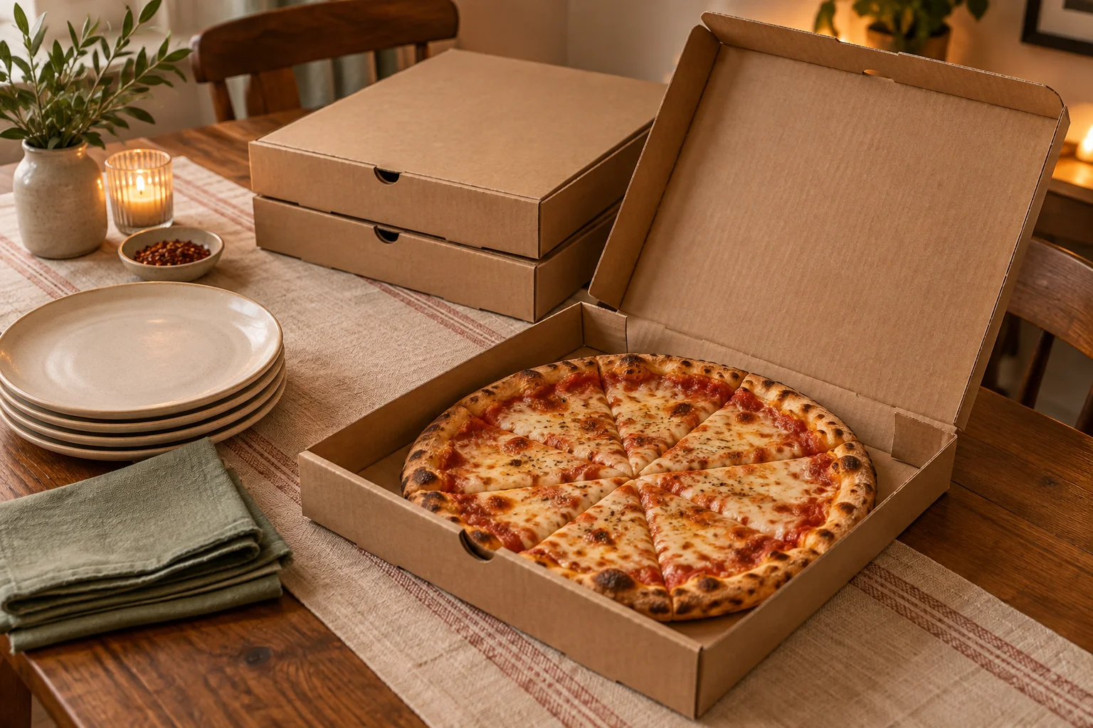 Offener Pizzakarton mit geschnittener Pizza neben zwei geschlossenen Kartons, Tellern und Servietten