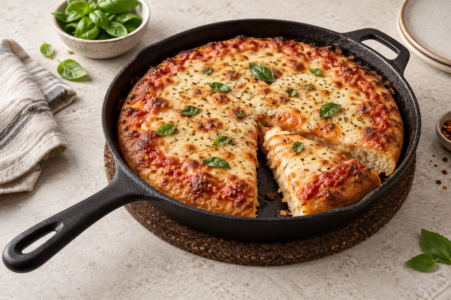 Pizza mit hohem Boden und angeschnittenem Stück in einer Gusseisenpfanne auf einem Korkuntersetzer