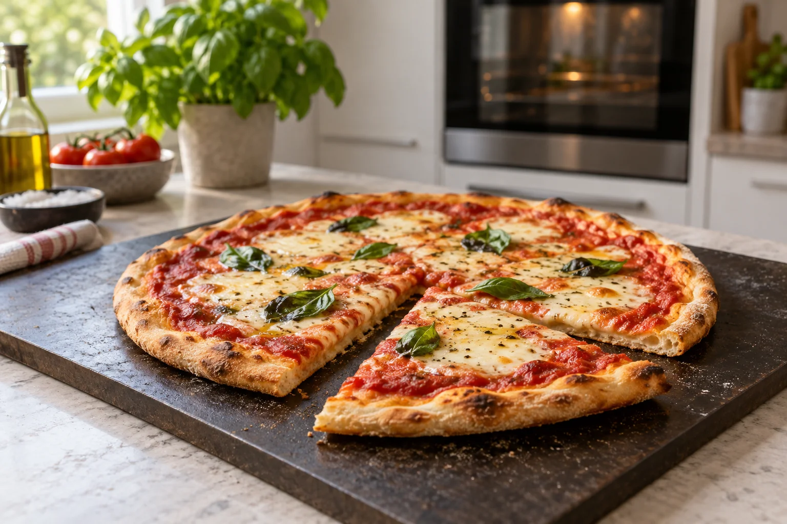 Pizza mit knusprigem Rand und einem herausgeschnittenen Stück vor einem Haushaltsbackofen