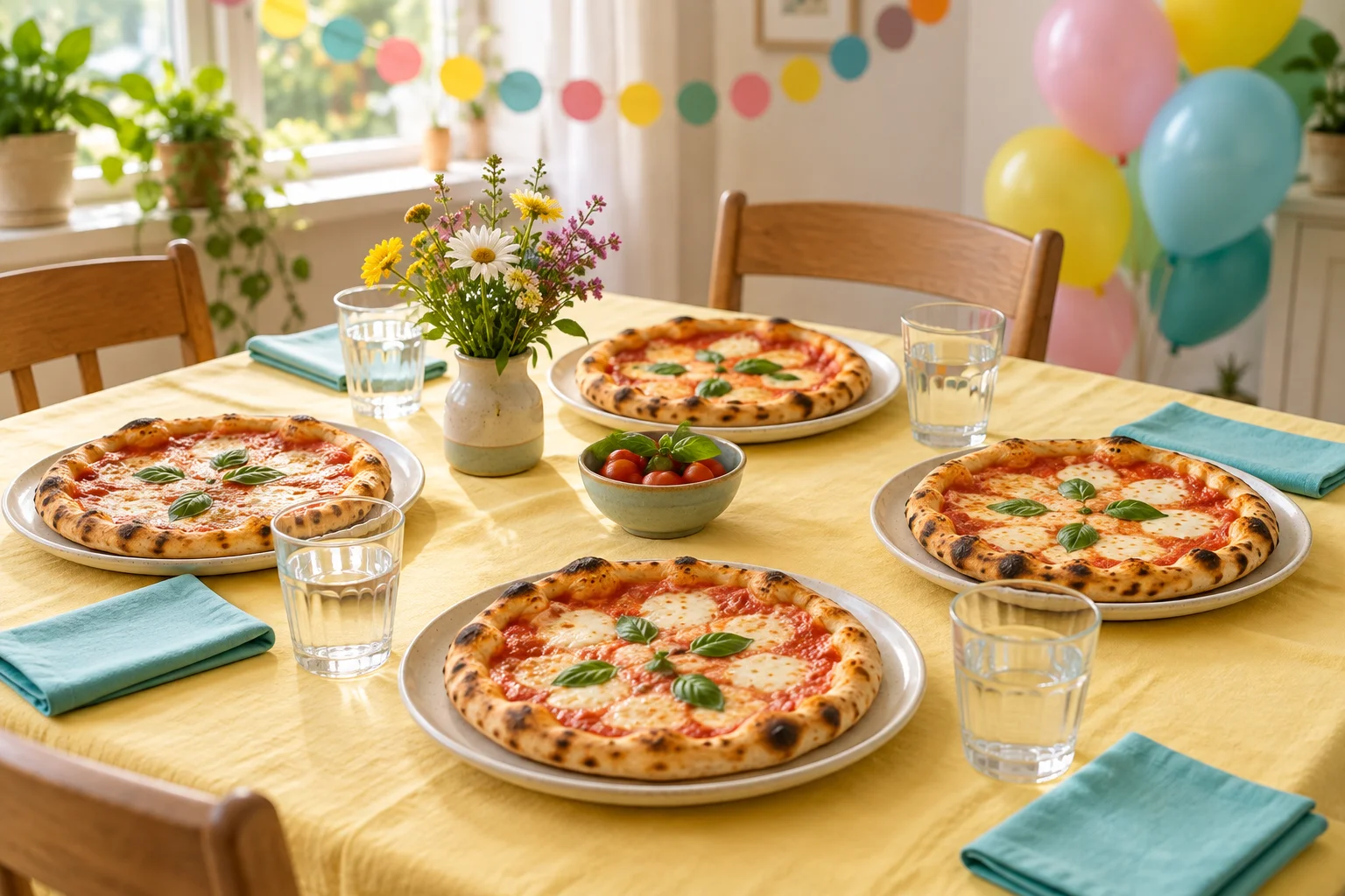 Vier Pizzen auf Tellern an einem Geburtstagstisch mit bunten Girlanden und Luftballons